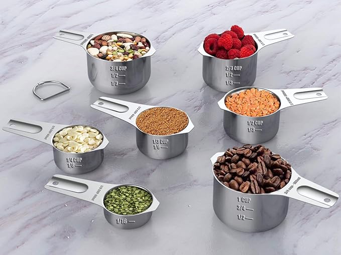 Stainless Steel Measuring Cups, Wildone Metal Measuring Cups Set with Easy to Read Markings for Measuring Dry or Liquid Ingredients, Set of 7
