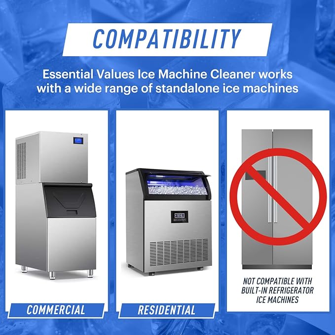 Essential Values Ice Machine Cleaner and Descaler 16 fl oz - Nickel Safe Countertop Ice Maker Cleaner - Compatible with Major Brands (Scotsman, KitchenAid, Affresh, etc.) - 6 pack