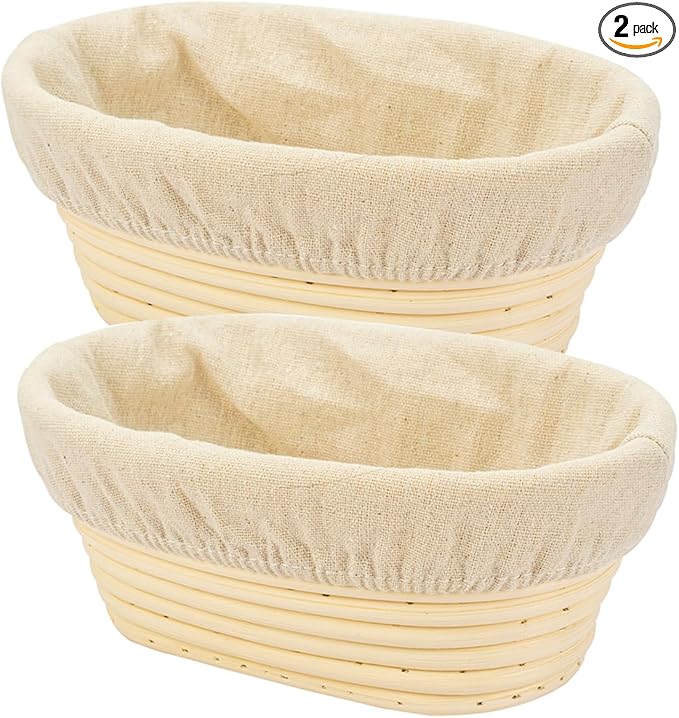 2 PCS 8 inch Oval Long Banneton Brotform Bread Dough Proofing Rising Rattan Basket & Liner for Professional & Home Bakers