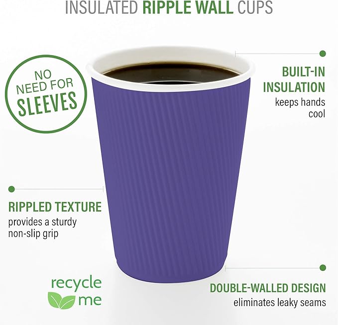 Restaurantware-4 Ounce Ripple Insulated Coffee Cups, 500 Double Wall Corrugated Coffee Cups - Leakproof, Non-Slip, Royal Purple Paper Ribbed Coffee Cups, Recyclable, Matching Lids Sold Separately