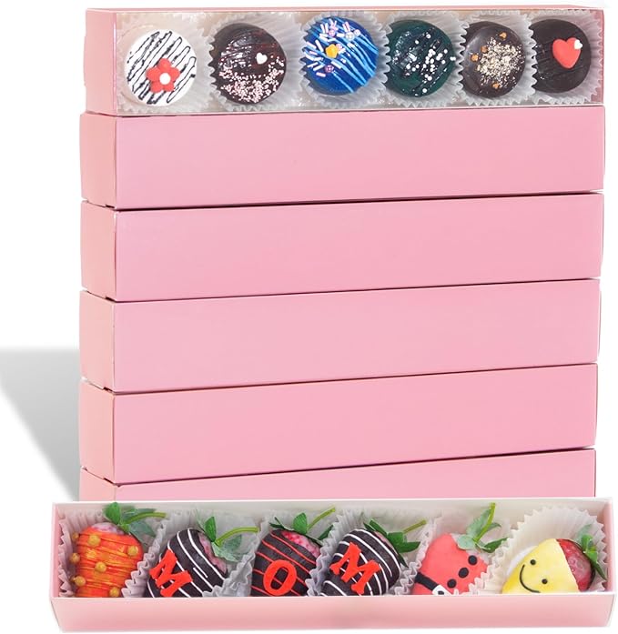 50Pack Strawberry Boxes - 12x2.2x2 Inch with Clear Window for Macaron, Chocolate Truffle, Cookie & Bakery Boxes