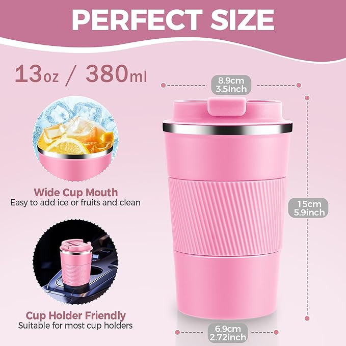 Volhoply 13 oz Stainless Steel Insulated Travel Coffee Mug with Fip Lid Bulk 2 Pack,Reusable Double Wall Vacuum Metal Coffee Cup,Portable Leak Proof Thermal Tumbler for Hot & Cold Drinks(Pink,2)