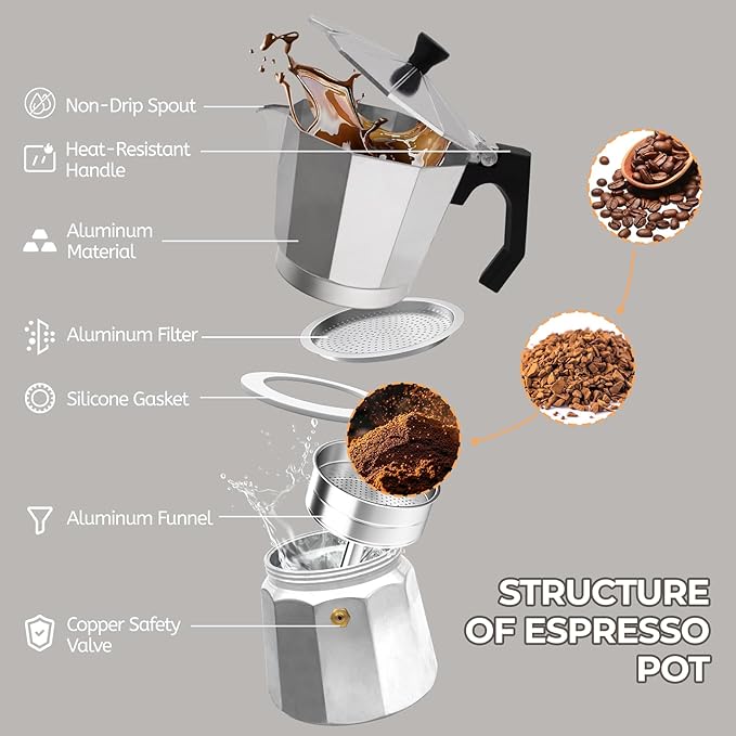 Aluminum 9 Cup 450ml Moka Pot Express Coffee Maker Stovetop Espresso Percolator Coffeemaker Italian Classic Style Brewing Greca Cafe Mocha Machine for Cafeteras Lover Camping Travel and Home Use 15oz