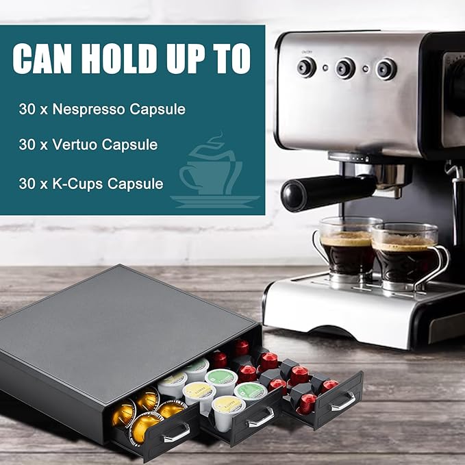 K Cup Holder Drawer 30 Pods Capacity, Three Drawers Design for Nespresso Pods Holder, Coffee Pod Holder Compatible With Keurig Pod Organizer&Nespresso/K-Cup/Vertuo Pod Holder, Black