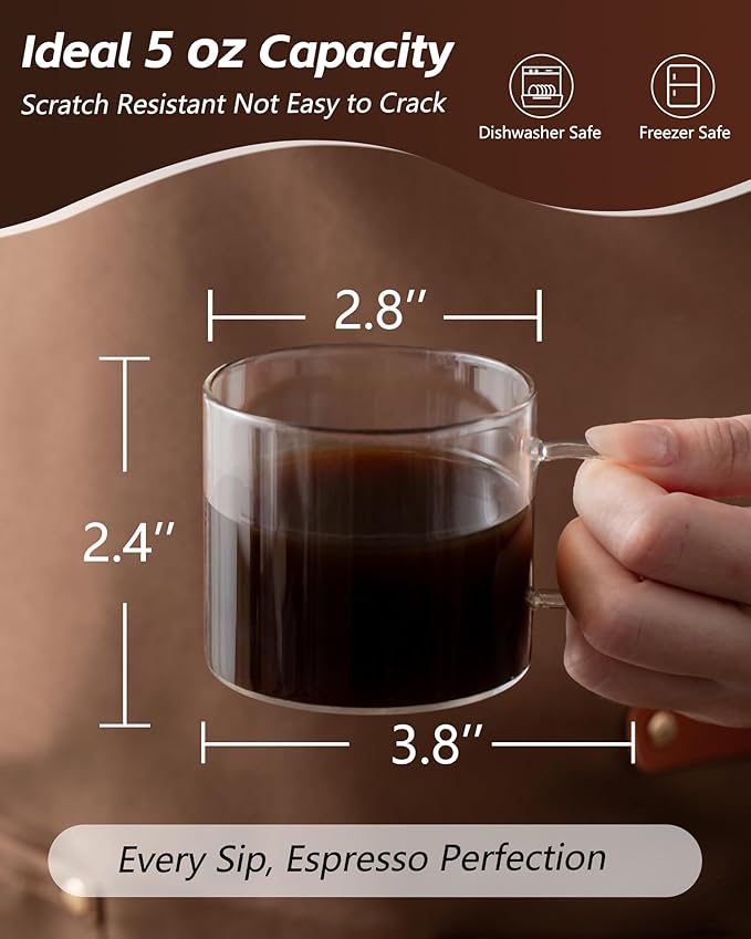 Espresso Cups Set of 4, 5 oz Small Shot Glasses with Handle, Clear Demitasse Mugs for Double Espresso or Tea, Coffee Machine Accessories