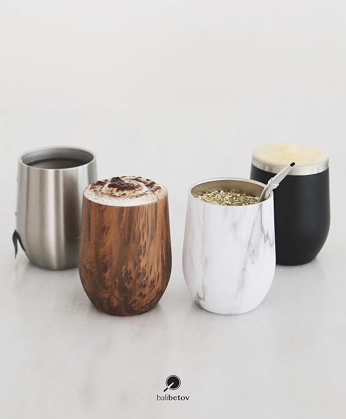 BALIBETOV 5 pcs large Yerba Mate Cup and Bombilla Kit, Includes one 12 oz Yerba Mate Gourd with Lid, Two Bombillas Mate Straw and one cleaning brush | Stainless steel | Double Walled