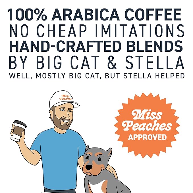 Stella Blue Ground Coffee, Miss Peaches Blend, Medium Roast, Citrus, Caramel and Fruity Notes, 100% Arabica, Ethically Sourced from Central and South America, 12 oz bag