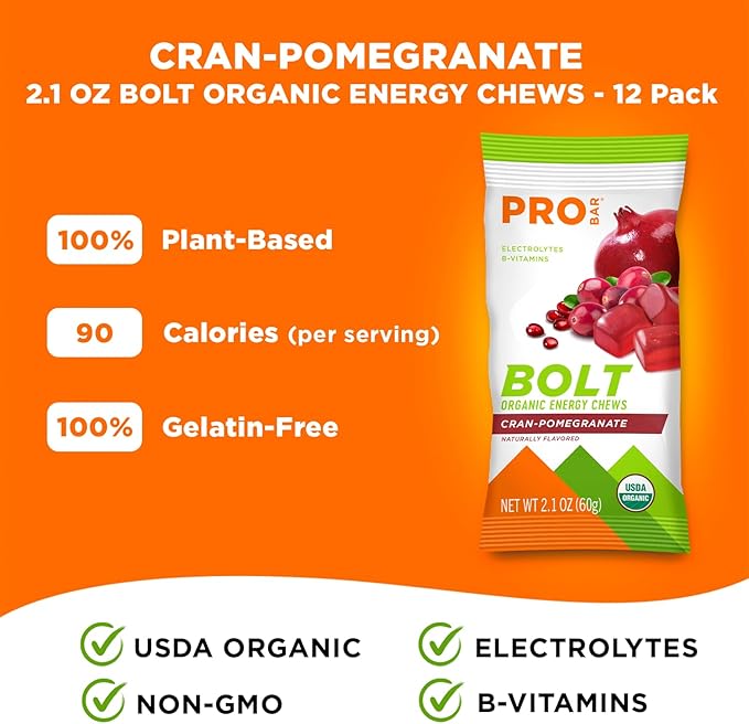 PROBAR - Bolt Organic Energy Chews, Cranberry Pomegranate, Non-GMO, Gluten-Free, USDA Certified Organic, Healthy, Natural Energy, Fast Fuel Gummies with Vitamins B & C (12 Count)