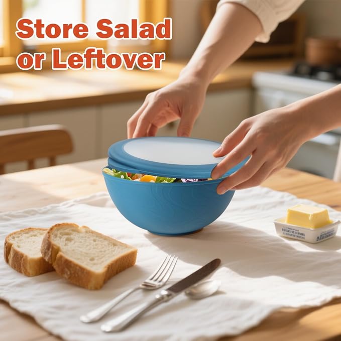 wheat straw bowls with lids set of 4, 40oz cereal bowls with covers,unbreakable salad container for lunch, dishwasher safe bowl sets for kitchen. Blue