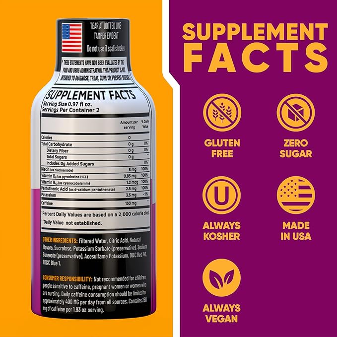 Grape Extra Strength Energy Shot 12 pk – 260mg Natural Caffeine B12 B6 – Energy & Focus Support – 2 Servings Sugar Free Zero Calorie Green Tea B-Vitamins Electrolytes Vegan – 1.93 fl oz