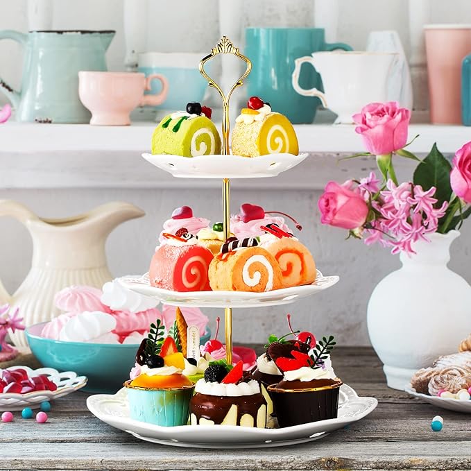 Tatuo 2 Pcs 3 Tier Porcelain Cupcake Stand, Cup Cake Holder Tower, Pastry Serving Elegant Dessert White Ceramic Tiered Stand for Wedding, Birthday, Tea Party(Lace Round Shape)