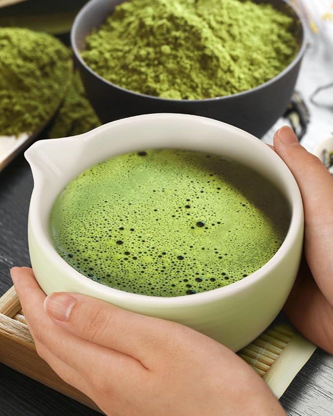 Traditional Matcha Bowl with Spout, Ceramic Matcha Tea Bowl (Chawan), Matcha Mixing Bowl for Whisking Matcha, Light Green (18 Ounce)