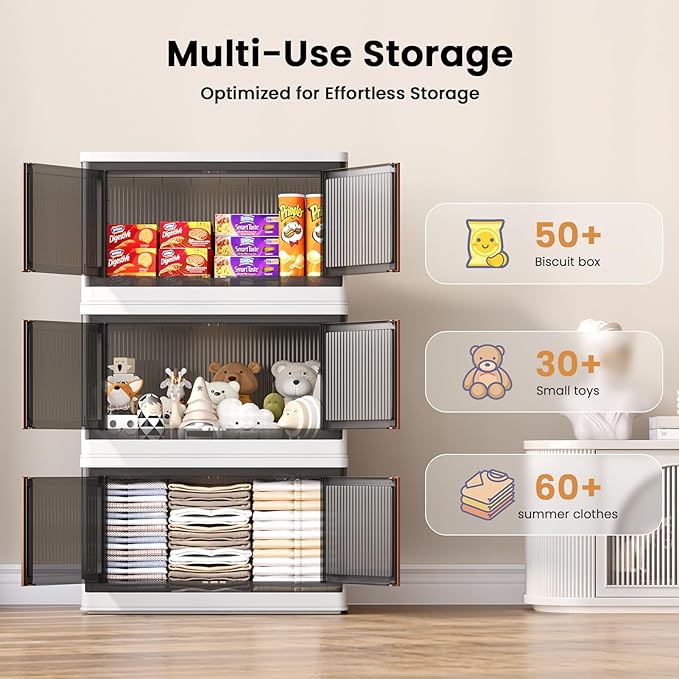 19Gal Collapsible Storage Bins with Lids & Wheels - 4 Pack Stackable with Doors, Heavy-Duty Plastic Containers for Home/Office, White