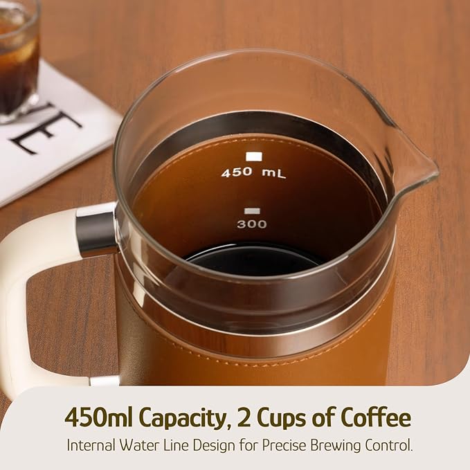 Hazel Quinn French Press Coffee Maker, 450ml/15oz, Heat-Resistant Borosilicate Glass, 304 Stainless Steel, BPA-Free, Easy to Clean, Precision Filtration for Coffee & Tea, Ideal for Home, Travel