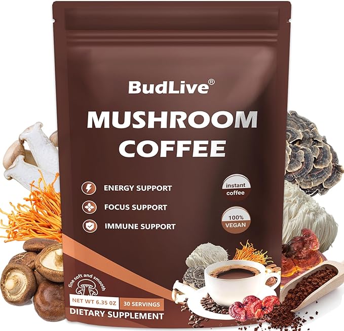 Organic Mushroom Coffee with Lion's Mane, Reishi & Cordyceps – 6 Mushroom Adaptogen Blend for Focus, Energy, Digestion & Immune Support, Low Acid Instant Coffee Powder, 30 Servings