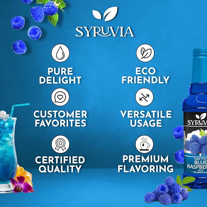 Syruvia Sugar-Free Blue Raspberry Syrup, Flavored Syrup for Drinks, Cocktails, Lemonades, Iced Teas, and Desserts – 25.4 fl oz