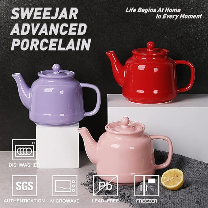 Sweejar 35 oz Porcelain Tea Pot, Teapot with Removable 18/8 Stainless Steel Infuser, Microwave & Dishwasher Safe Tea Maker, Tea Infuser Pots for Blooming loose Leaf Tea,Women Chrismas Women Gift (Red)