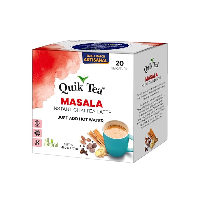 QuikTea Masala Chai Tea Latte – 20 Count, Bold Masala Flavor, Naturally Caffeine-Light, No Preservatives – Just Add Hot Water
