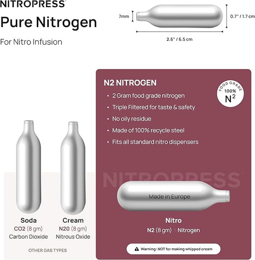 10 PCS NitroPress Nitrogen Coffee Chargers – Pure N2 Cartridges for Nitro Cold Brew Coffee Maker, Cocktails, Tea, and Beer – Use with NitroPress Instant Nitrogen Diffuser System