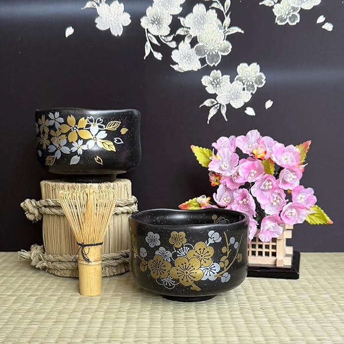 Japanese Traditional Mino Ware Handcrafted Mini Matcha Chawan Tea Bowl Cup Set With Chasen Bamboo Tea Whisk Ceremony Tableware Pottery (Tenmoku Ume)