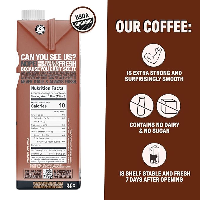 Wandering Bear Organic Mocha Cold Brew Coffee, 32 fl oz, 3 pack - Extra Strong, Bold, Smooth, Unsweetened, Shelf-Stable, Ready to Drink, Gluten Free, & Vegan, Iced Cold Brewed Coffee Drinks