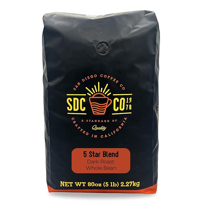 San Diego Coffee 5 Star Blend, Dark Roast, Whole Bean Coffee, 5-Pound Bag Café en grano tostado