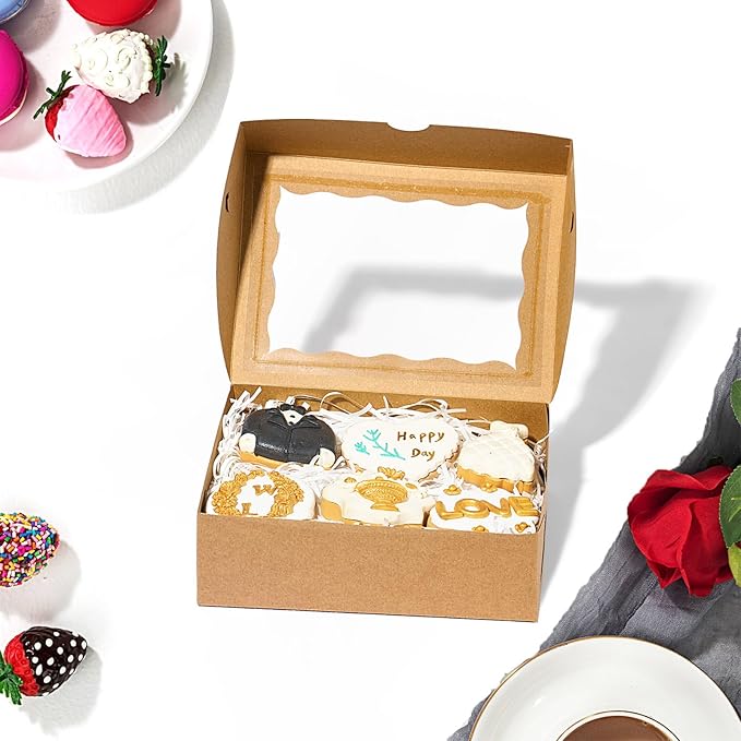 8x6x2.5 Inch 8PCS Baking Boxes with Window for Pastry,Treat,Macaron,Dount,Cookies,Chocolate Covered Strawberries,Brown Bakery Boxes Strawberry Boxes,Muffins
