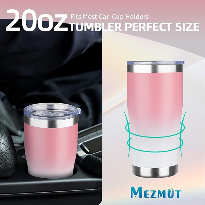 MEZMUT 20oz Coffee Tumbler with Lid and Straw Double Wall Vacuum Insulated Cup Stainless Steel Travel Mugs Insulated for Hot and Cold Leakproof Powder Coated Tumbler for Indoor and Outdoor(Pink White)