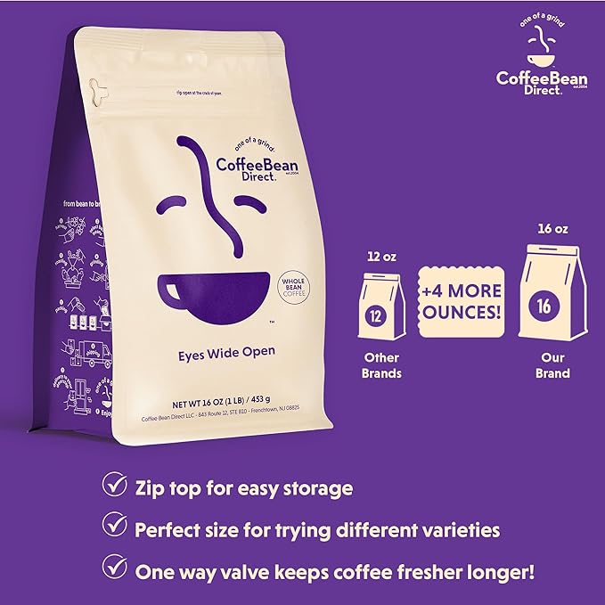 Coffee Bean Direct Eyes Wide Open, Whole Bean Coffee, Light Roast, 1 Pound Bag (Pack of 1)