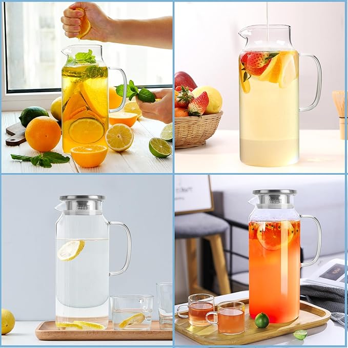 Yirilan Glass Pitcher, 2 Liter(68oz) Water Pitcher with Lid and Spout, Large Pitchers for Drinks, Glass Water Carafe, Glass Jug, Beverage Pitchers