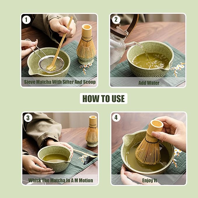 Ceramic Japanese Style Matcha Bowl Whisk Holder Temperature Resistant Braid Textured Matcha Tea Bowl Set With Spout for Trip (Green)