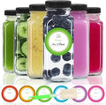 STARSIDE 8 oz Glass Juice Bottles with Lids 6 Pack - Square Reusable Drinking Jars for Juicing, Milk, Kombucha - Includes 1 Bottle Brush, 6 Colored Labels