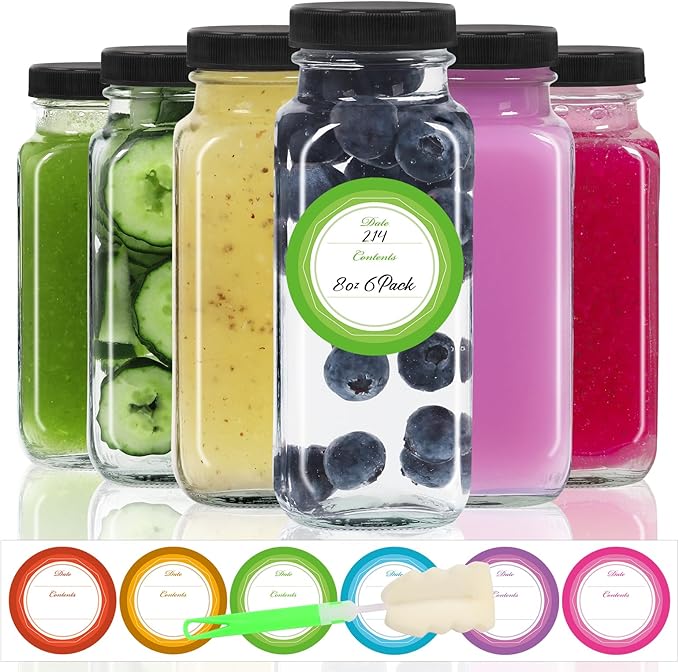 STARSIDE 8 oz Glass Juice Bottles with Lids 6 Pack - Square Reusable Drinking Jars for Juicing, Milk, Kombucha - Includes 1 Bottle Brush, 6 Colored Labels