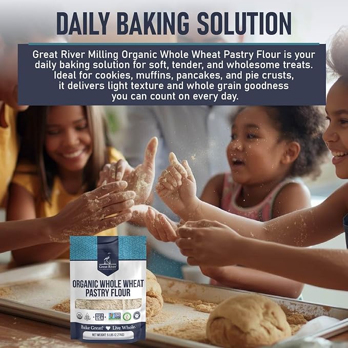 Great River Milling Organic Whole Wheat Pastry Flour | Soft Texture, Lower Gluten | USDA Organic, Non-GMO, Kosher | Ideal for Muffins, Cookies, Cakes & More | 5 Lb