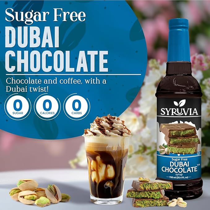Syruvia Sugar Free Coffee Syrup, Dubai Chocolate Flavored Syrup for Drinks, Lattes, and Desserts – 25.4 fl oz