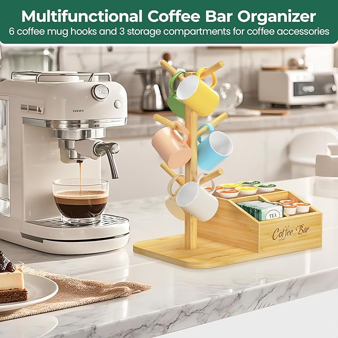 EsLuker.ly Mug Tree Holder Stand, Countertop Bamboo Coffee Cup Organizer Rack for Kitchen Office, Space-Saving Coffee Station Bar Organizer with 6 Hooks, Modern Design Enhances Decor