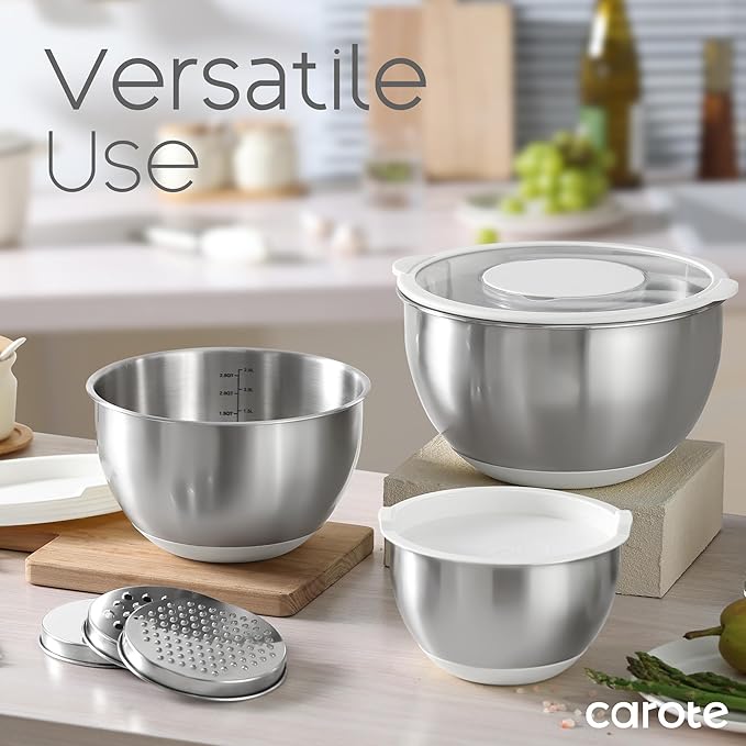 CAROTE Stainless Steel Mixing Bowls with Lids Set,12 Pcs Nesting Bowls Clear Airtight Lids 3 Grater Attachments,Non-Slip Bottoms & Measurement Marks Mixing Bowls,Size 5,3,2,1.5,1QT