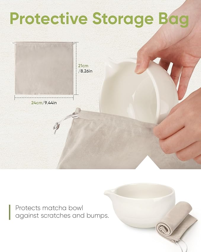 Traditional Matcha Bowl with Spout, Ceramic Matcha Tea Bowl (Chawan), Matcha Mixing Bowl for Whisking Matcha, Ivory White (18 Ounce)