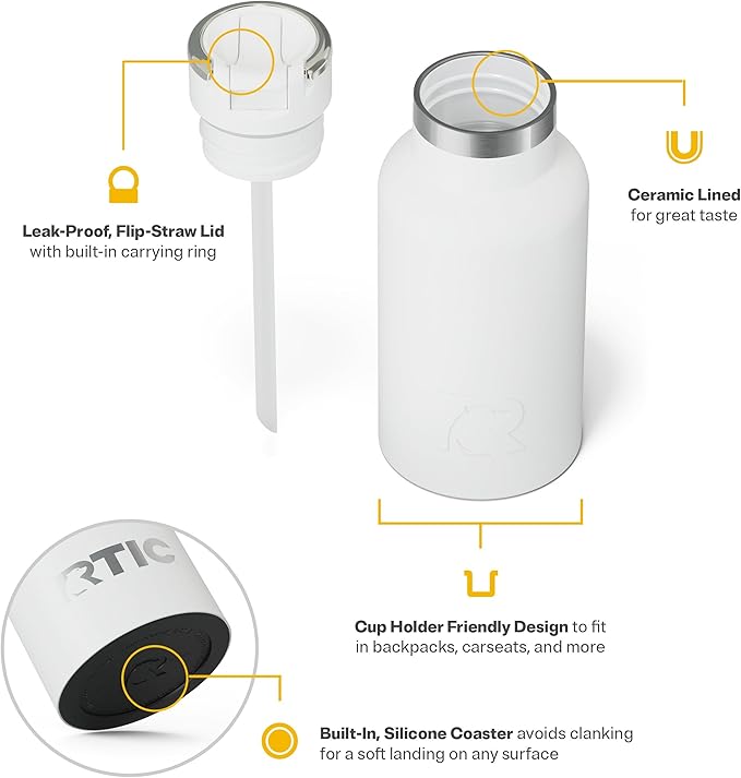 RTIC Little Journey Bottle with Straw, Insulated, Stainless Steel, Metal, Double Wall Vacuum-Insulation, Ceramic-Lined, Leak-Proof Lid, BPA-Free Water Flask for Sports, Travel, White