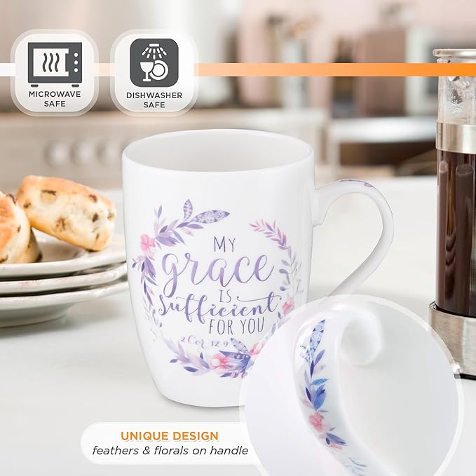 Christian Art Gifts Encouraging Ceramic Coffee & Tea Scripture Mug for Women: My Grace Is Sufficient Inspirational Bible Verse, Microwave/Dishwasher Safe, Cute Drinkware, White & Purple Floral, 12 oz.