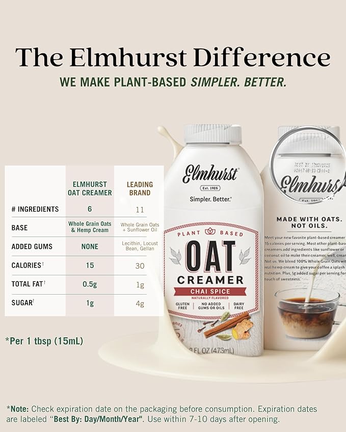 Elmhurst 1925 Chai Spice Oat Creamer - 16 Ounce (Pack of 6) Dairy-Free, Vegan, Kosher, Low Sugar, Shelf Stable Creamer Made with Oat Grains & Chai Spice for Healthier, Simpler Plant Based Alternatives