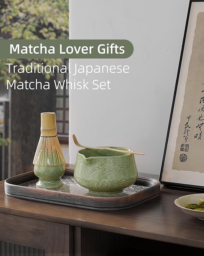 ZENS Matcha Whisk Set, 15oz Ceramic Matcha Bowl with Spout and Bamboo Whisk, (Chasen Holder) Scoop & Tea Towel, 5pcs Matcha Kit for Matcha Ceremony, Emerald Green