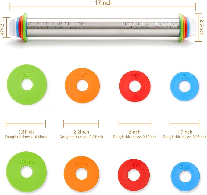 Rolling Pin with Thickness Rings, Fulimax 17" Adjustable Stainless Steel Rolling Pins for Baking, Dough Roller for Fondant Pizza, Pie, Pasta, Cookies, Cakes, Kitchen Baking Supplies