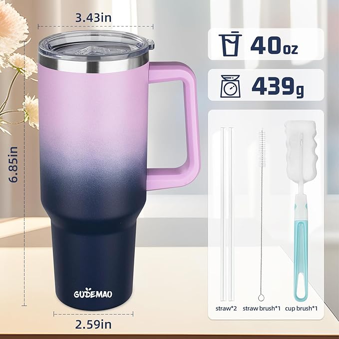40 oz Insulated Coffee Mug with Ceramic Coating, Stainless Steel Travel Mug Tumbler with Handle Lid and Straw, Double Wall Leak-Proof Coffee Travel Mug Keeps Drink Hot and Cold (Purple Navy)
