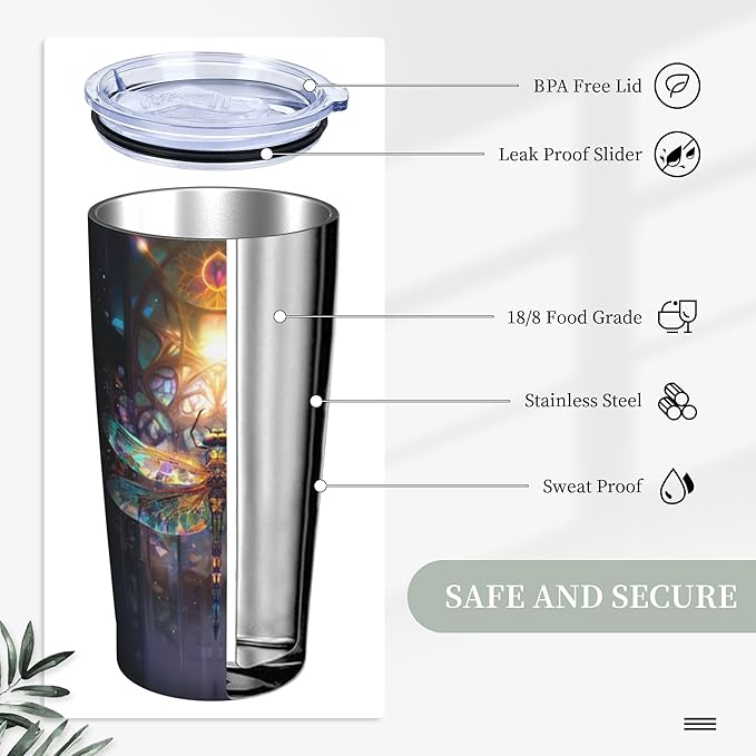 Dragonfly Tumbler with Lid and Straw 20oz Coffee Tumblers Leakproof Stainless Steel Travel Mug Vacuum Insulated Cup for Iced and Hot