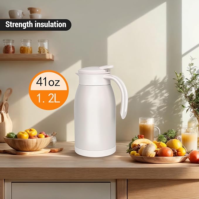 41 Oz Thermal Coffee Carafe Stainless Steel Insulated Thermos Double Wall Vacuum Flask Leak-Proof Thermos for Travel Office School Party Camping Use-Milk rice white