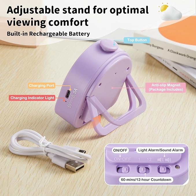 Visual Timer – Rainbow Magnetic Timer for Classroom, 60min/12h Rechargeable Countdown Timers, Silent Pomodoro Timers for Kids & Adults with ADHD