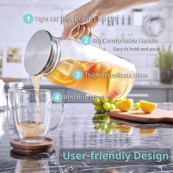 2 Pack 2 Liter 68 oz 2.1 Qt Glass Pitcher with Lid and Spout, Bivvclaz Water Pitcher for Fridge, Glass Carafe for Hot/Cold Water, Large Iced Tea Pitcher for Coffee, Juice and Homemade Beverage