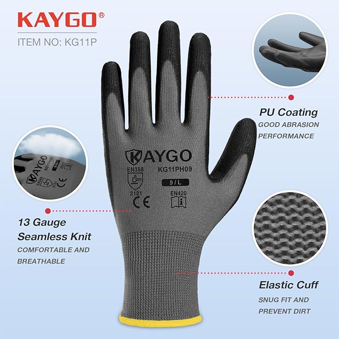 KAYGO Safety Work Gloves PU Coated-12 Pairs KG11PB Seamless Knit Glove with Polyurethane Coated Smooth Grip on Palm & Fingers for Men and Women, Gray Medium