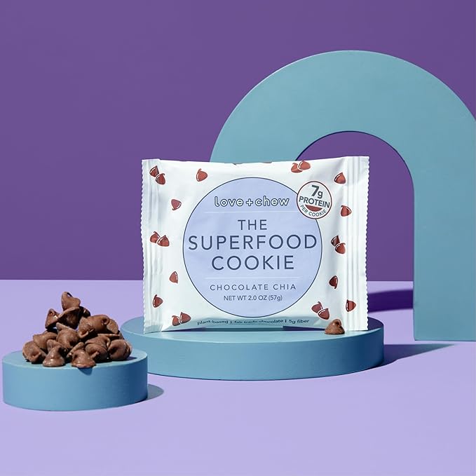 Love + Chew Superfood Soft Baked Cookies, Chocolate Chia Flavor, Plant Based Cookie Made With Chia Seeds & Dark Chocolate for Kids and Adults, Vegan Snacks, Gluten Free, Paleo, Non GMO, 60 Pack
